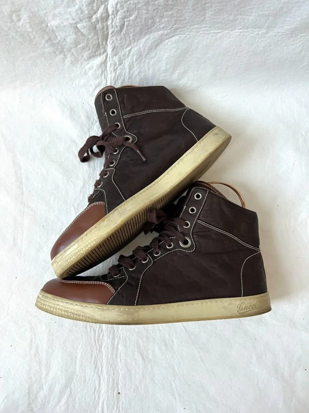 Gucci sneakers GG nylon brown leather 8.5 US 9 mens lace up high top shoes
